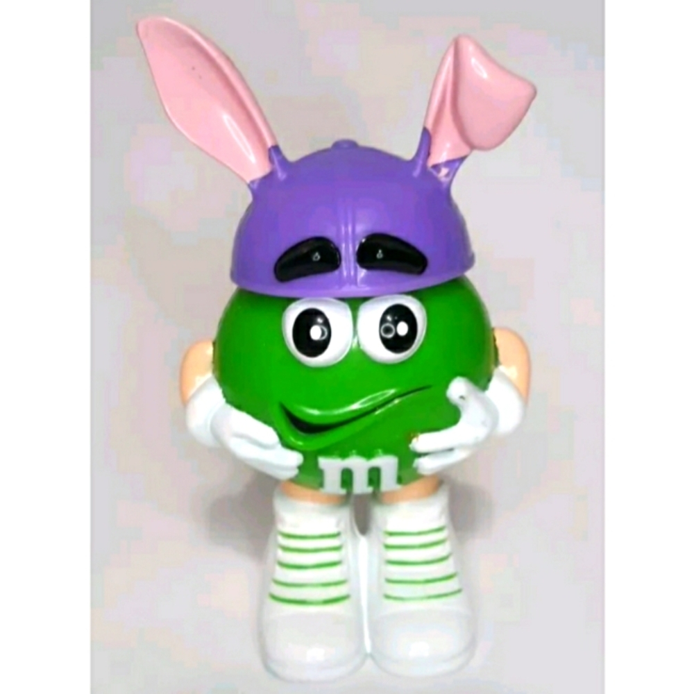 Easter Green M&M Bunny Ears Plastic Figurine Purple Hat Collectible Candy Holder